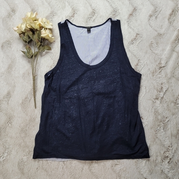 J Crew Silk Trapeze Vertical Stripe Back Linen Solid Front Panel Top Navy Size S - Picture 1 of 11